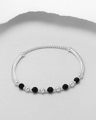925 Sterling Silver Elastic Bracelet, Beaded with Onyx