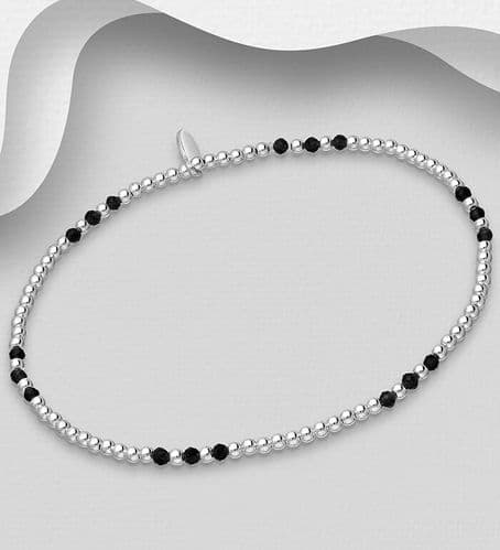 925 Sterling Silver Elastic Bracelet, Beaded with Onyx Gemstones