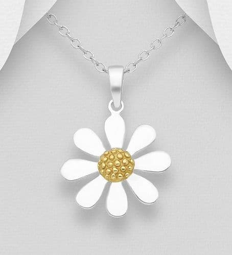 925 Sterling Silver Flower Pendant & Chain, with 18ct Gold 