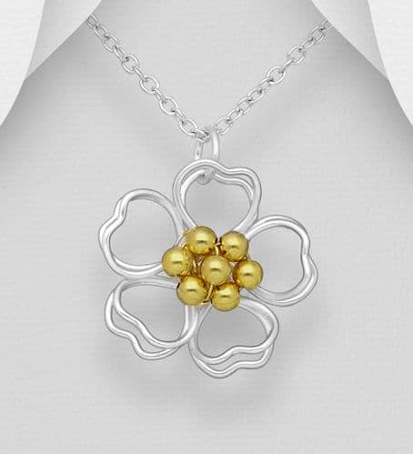 925 Sterling Silver Flower Pendant & Chain With18ct Yellow Gold 