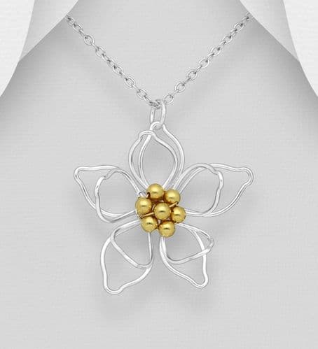 925 Sterling Silver Flower Pendant & Chain With18K Yellow Gold 