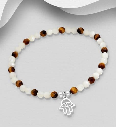 925 Sterling Silver Hamsa Bracelet, Beaded with Shell and Tiger Eye