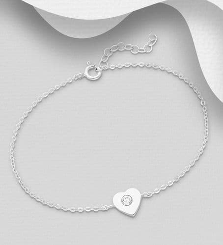925 Sterling Silver Heart Bracelet, Set with An Authentic Swarovski Crystal