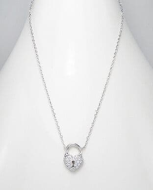 925 Sterling Silver Heart Lock Necklace Decorated with CZ Simulated Diamonds