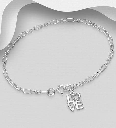 925 Sterling Silver  Link Oblong Link "LOVE" Bracelet
