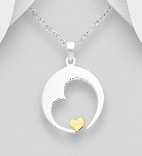 925 Sterling Silver Moon & Heart Pendant & Chain, With 18ct Yellow gold
