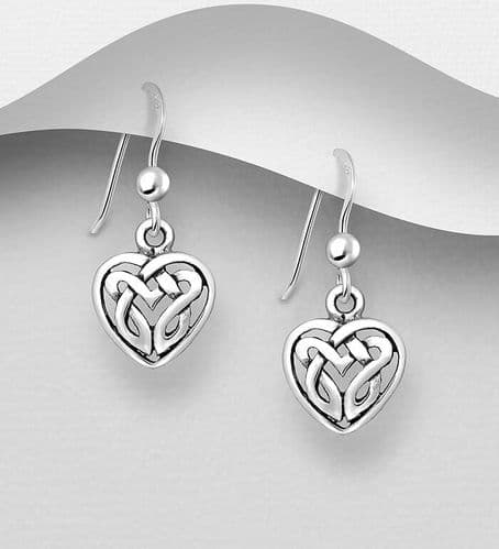 925 Sterling Silver Oxidized Celtic and Heart Hook Earrings