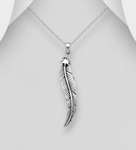 925 Sterling Silver Oxidized Feather Pendant & Chain