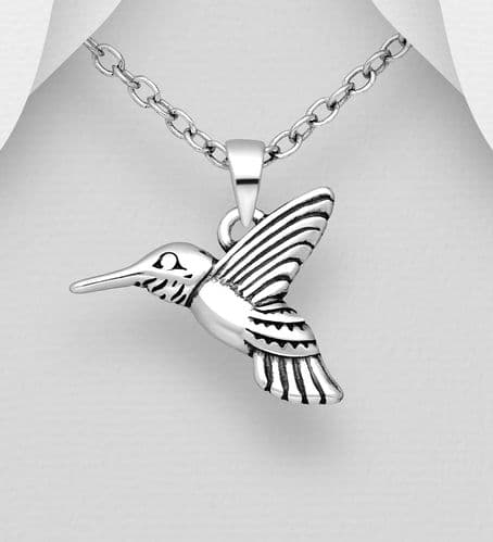 925 Sterling Silver Oxidized Hummingbird Pendant & Chain