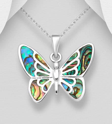 925 Sterling Silver Pendant & Chain, Butterfly Decorated With Abalone Stone Shell