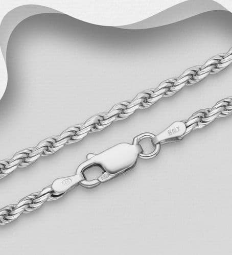 925 Sterling Silver Rope Chain, 2.7 mm Wide, Made in Italy.
