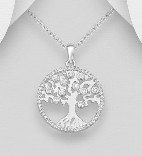 925 Sterling Silver Round Cut Out Tree Of Life Pendant and Chain Set With Simulated Diamonds