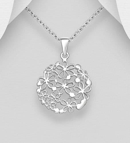 925 Sterling Silver  Round Flower Pendant & Chain