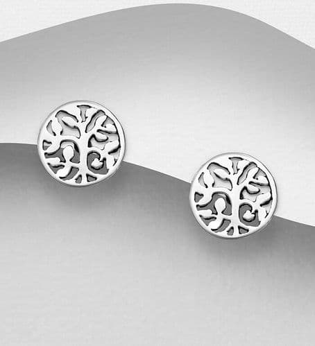 925 Sterling Silver  Round Medium Size Tree of Life Stud Earrings