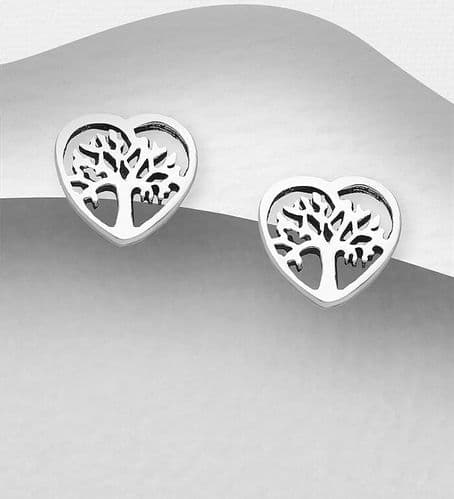 925 Sterling Silver Small Heart Shaped Tree of Life Stud Earrings
