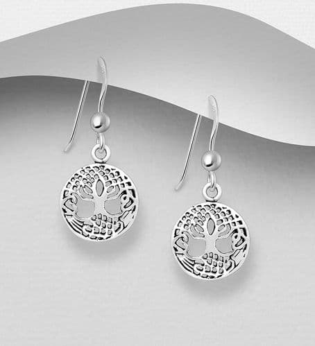 925 Sterling Silver Small  Round  Drop Tree of Life  Earrings