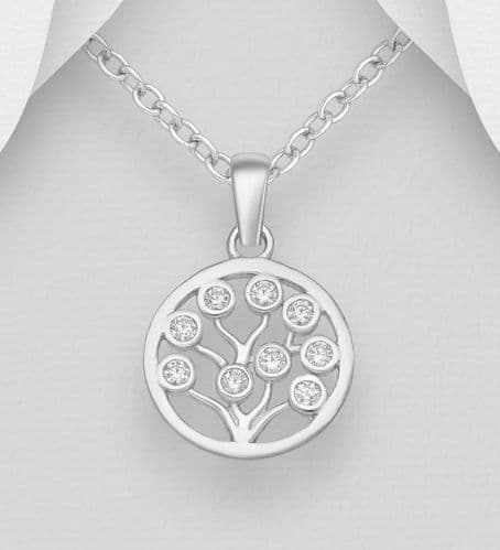 925 Sterling Silver Small Round Tree Of Life Pendant & Chain Set with Simulated Diamonds