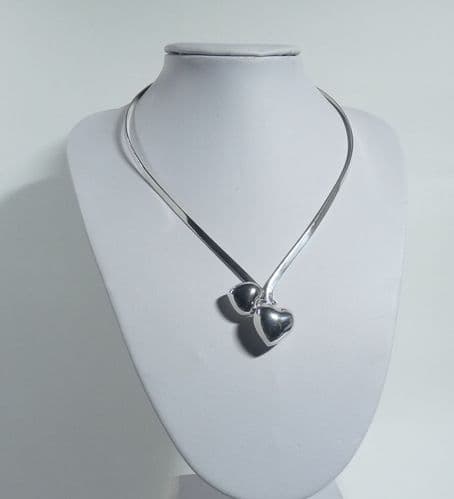 925 Sterling Silver Solid Hand Crafted  Double Heart Torque Necklace
