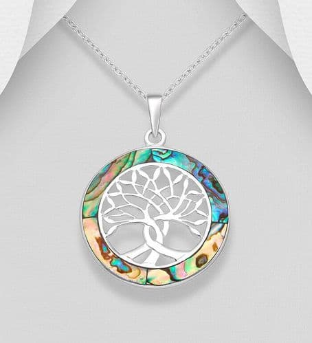 925 Sterling Silver Tree of Life Pendant and Chain Decorated With Abalone Stone Shell