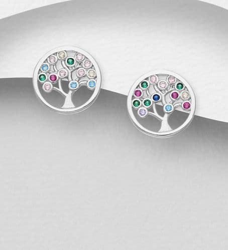 925 Sterling Silver Tree of Life Push-Back Earrings, Decorated with Colourful CZ Simulated Diamonds