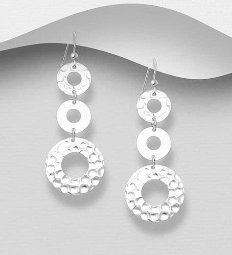925 Sterling Silver Triple Round Hand Crafted Drop Earrings