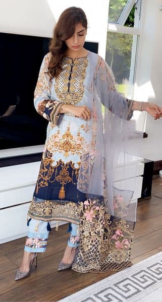 Flossy Powder Blue with Navy Embroidery with Deluxe Net Duppatta