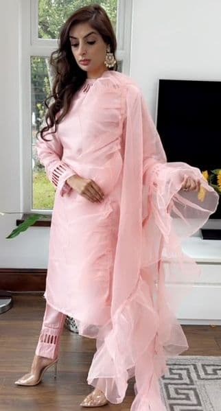 Auora Designer Pink Round Neck  Suit with Ruffle Duppatta