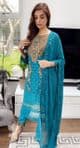 Azure Teal Green Chiffon Suit with Copper Embroidery