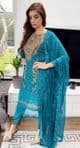 Azure Teal Green Chiffon Suit with Copper Embroidery