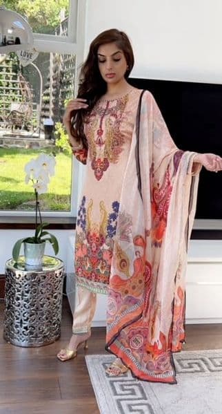 Huda Shamooz Silk Peach Digital Print Suit