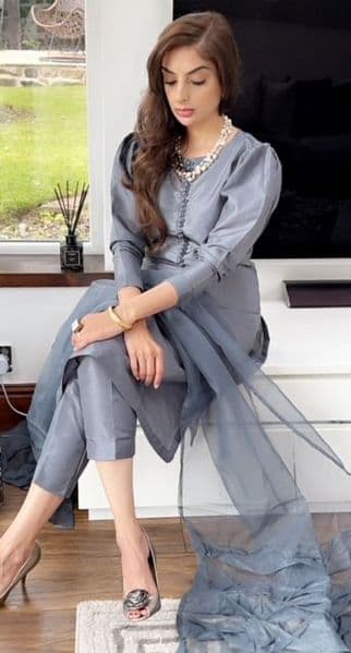 Hyat Designer Grey Button Suit with Organza Duppatta