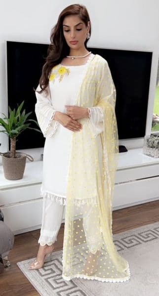 Khuda baksh White with Yellow Detail Suit