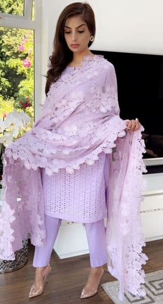 Sehar Deep Lilac Chiken Kari with Deluxe Lace Duppatta