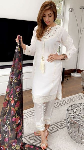 Selma Agha Noor Inspired Organza White Suit with Silk Scarf